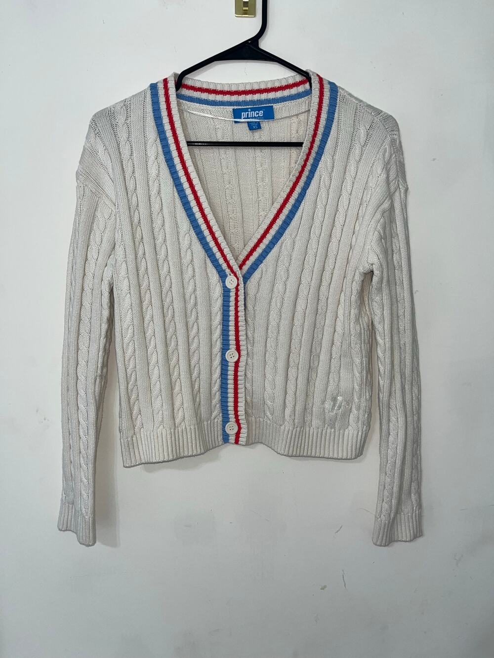 Prince Pickleball Cable Knit Cardigan Sweater Cream Red Blue Striped Trim XS
